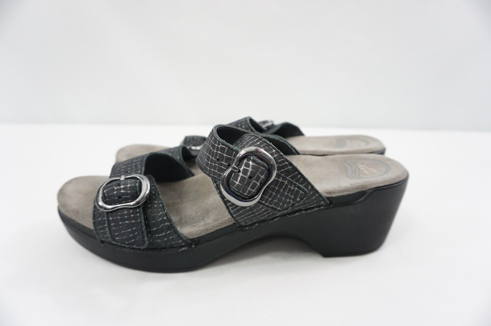 Dansko Women 41/10.5 Sophie Sandals Leather Black Metallic Croc 941470200 2-stra